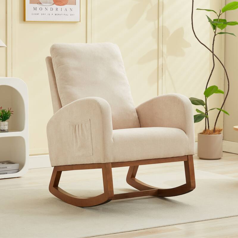 Upholstered Rocking Chair Nursery Chair with High Back and Side Pocket