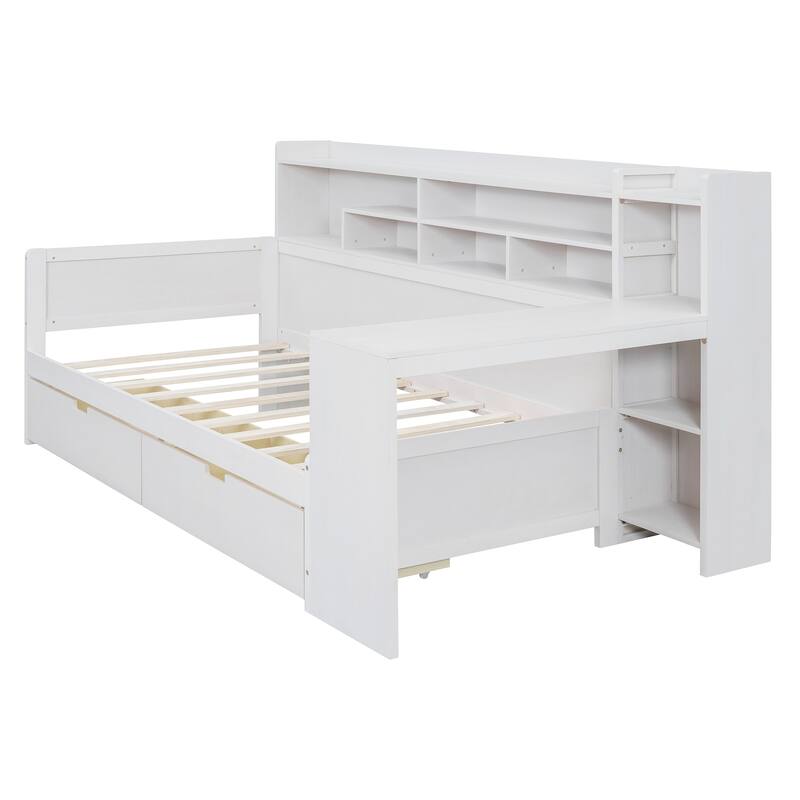 Wooden Daybed with Storage Shelves, Multi-functional Bed with Two Storage Drawers and Study Desk
