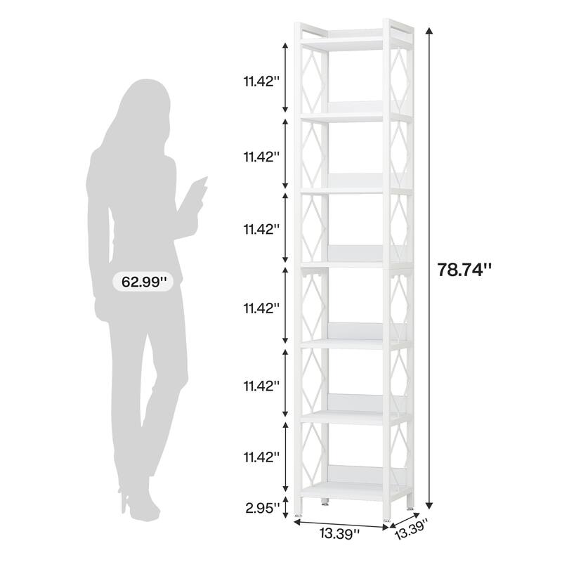78.7" White Bookshelf, 7 Tier Tall Skinny Bookcase Freestanding Narrow Display Shelves