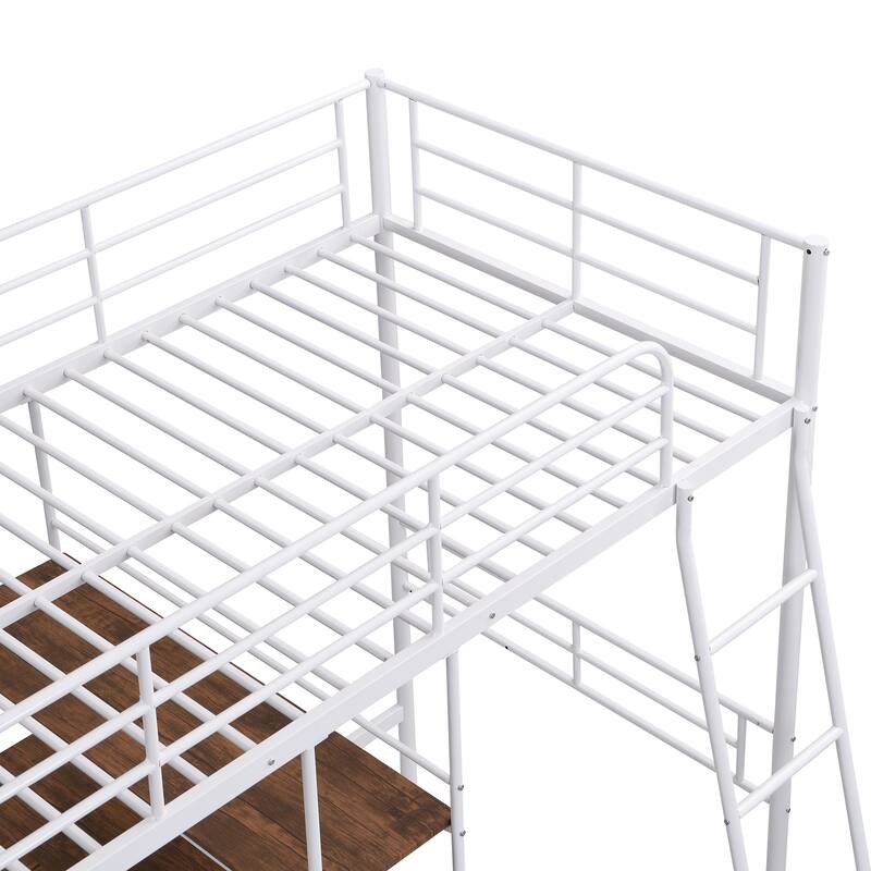 Metal Loft Bed and Built-in Desk and Shelves