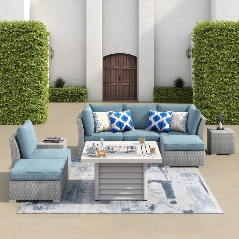 Corvus 9-piece Grey Wicker Patio Sectional Conversation Set with Fire Pit - Grey - Blue