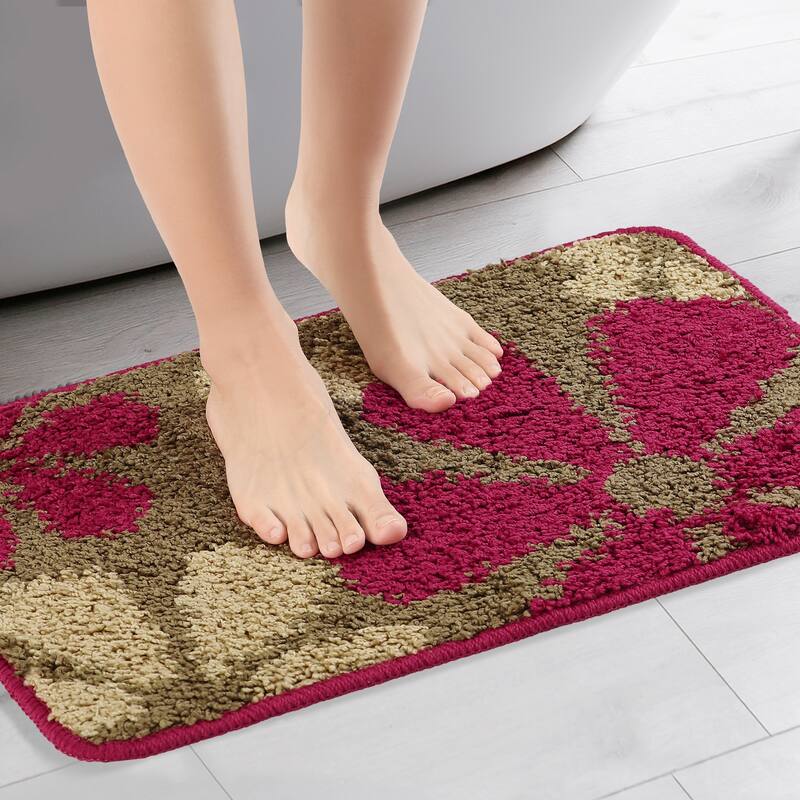 Floral Bath Mat, Plush Shaggy Bathroom Rug, Checked Washable Bath Carpet for Bathroom Floor, Tub and Shower Room - Red Yellow - 20" x 32"