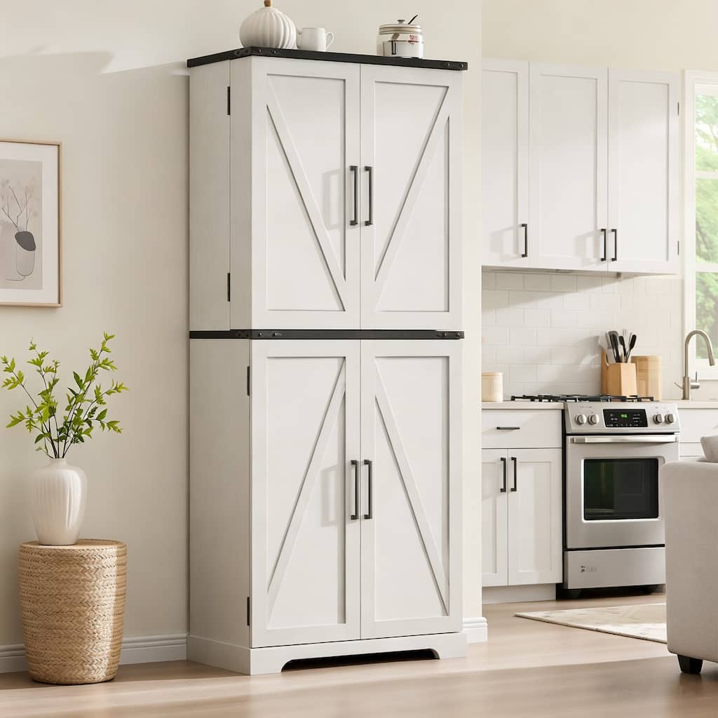 Farmhouse Wood Pantry Cabinet with Barn Doors, Adjustable Shelves