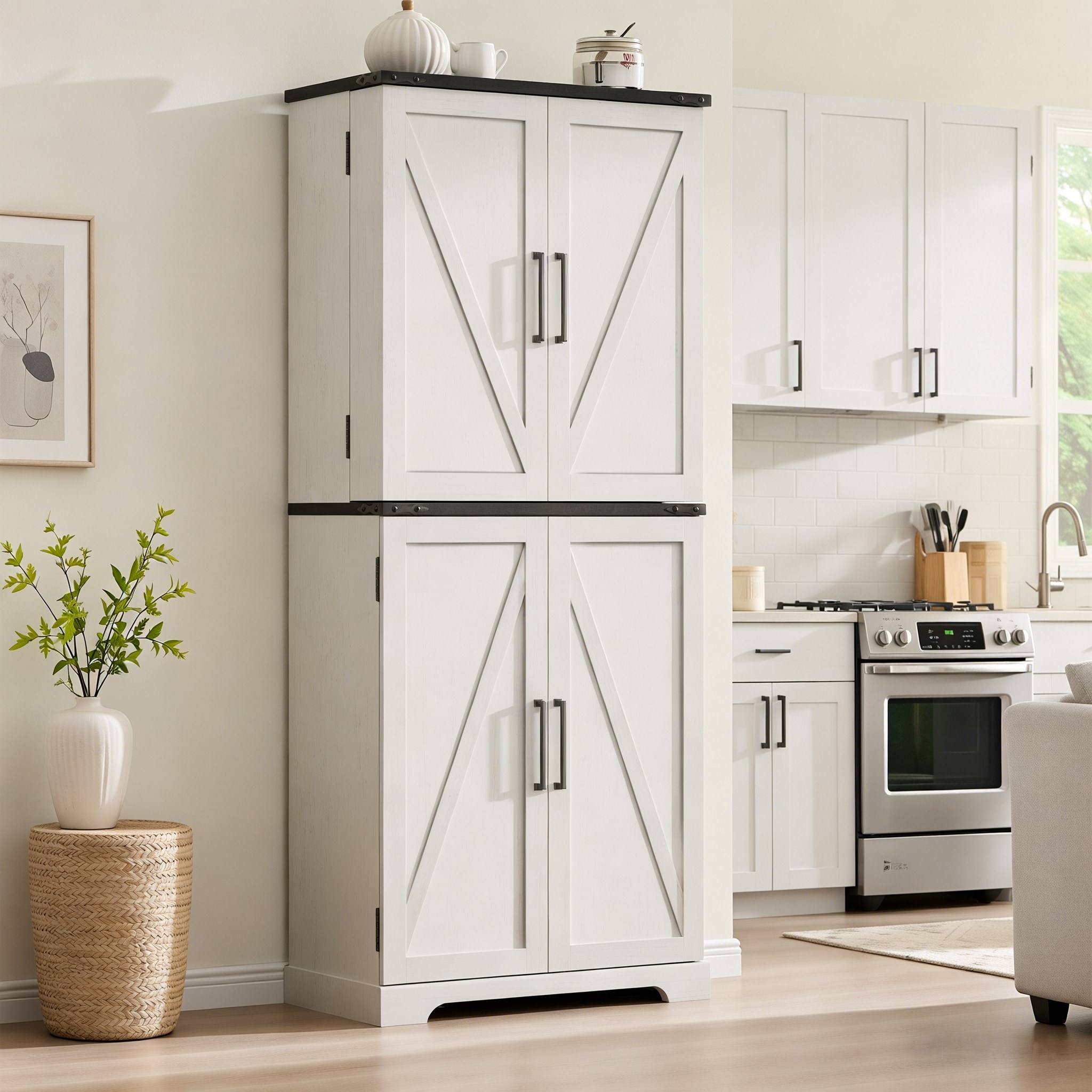 Farmhouse Wood Pantry Cabinet with Barn Doors, Adjustable Shelves