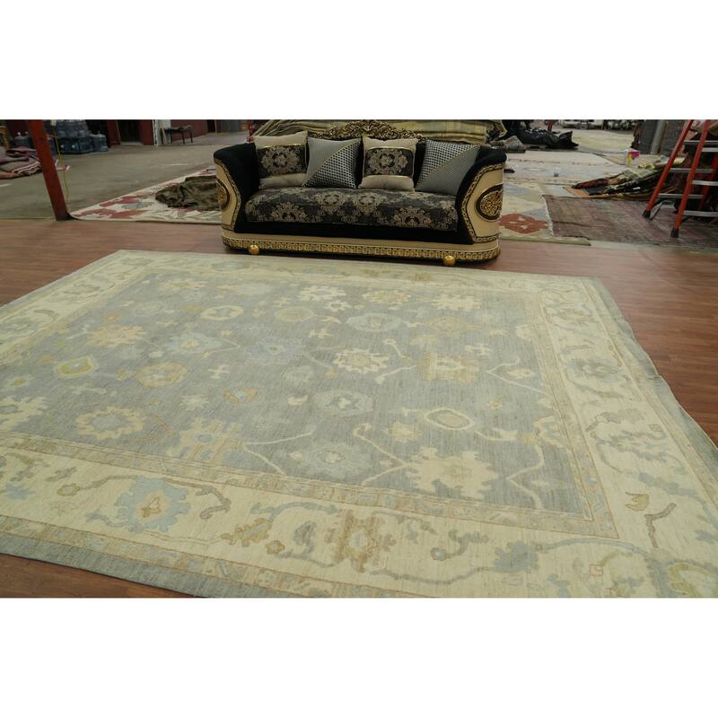 Vegetable Dye Gray Oushak Turkish Large Rug, Floral Geometric Carpet - 13' 9'' X 10' 3''