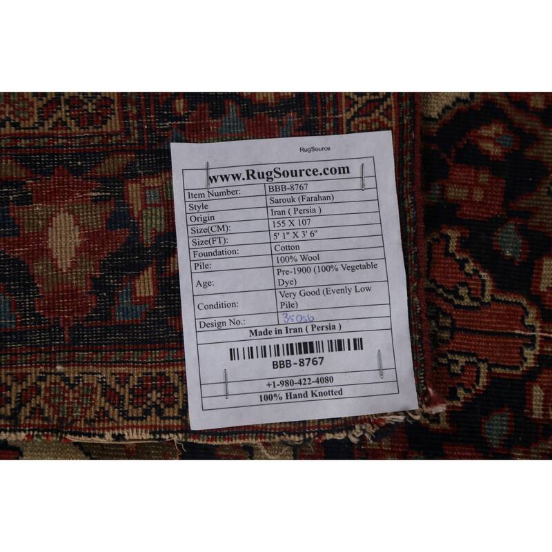 Pre-1900 Antique Sarouk Farahan Persian Rug Hand-knotted Wool Carpet - 3'6" x 5'1"