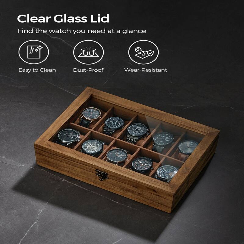10 Slot Rustic Paulownia Wood Watch Box Case with Glass Top and Velvet Soft Lining for Men's Timepieces - 8.1"D x 11.4"W x 3.3"H