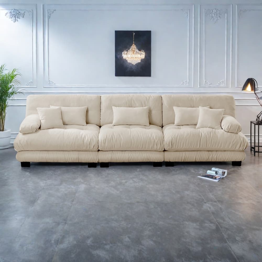 133.8" Chenille 4-Seat Sofa with Round Bolster Armrests, Deep Seat Cushions for Living Room