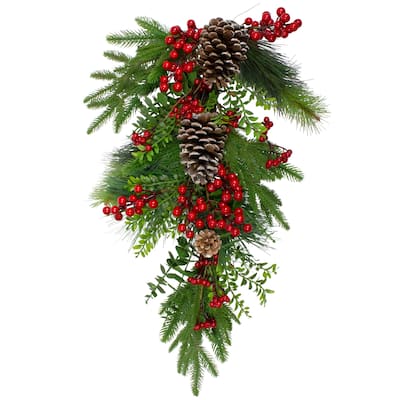 28" Berry Pine Eucalyptus Artificial Teardrop Christmas Swag - Unlit