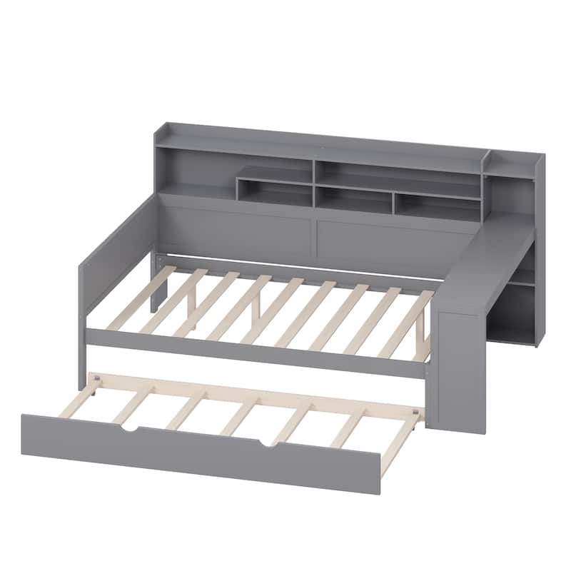 Full Size Wood Daybed with Twin Trundle, Study Desk and Storage Shelves