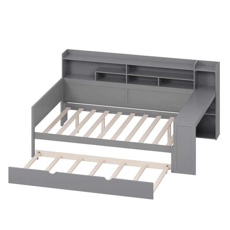 Wooden Daybed with Storage Shelves, Multi-functional Bed with Twin Size Trundle Bed and Study Desk
