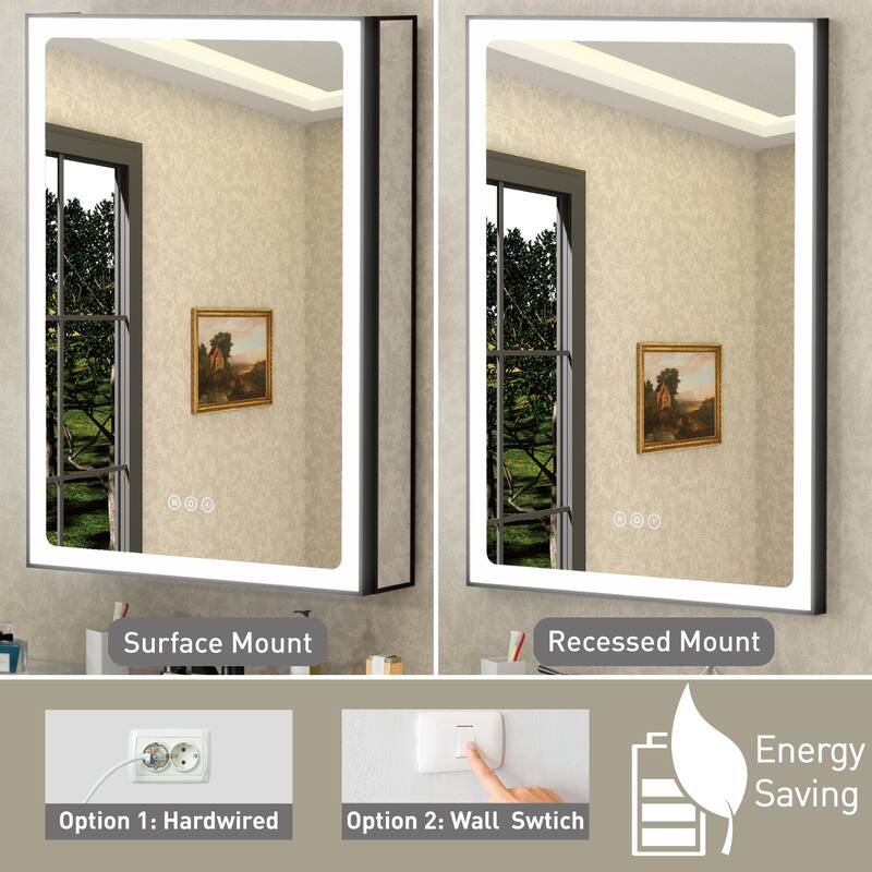 Grand Aluminum Medicine Cabinet with Mirror, Adjustable Shelves, Dimmable Light, Anti-Fog, Recessed or Wall Mount