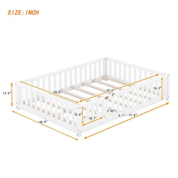 dimension image slide 0 of 3, Full Size Kids Floor Bed with Guardrails and Door
