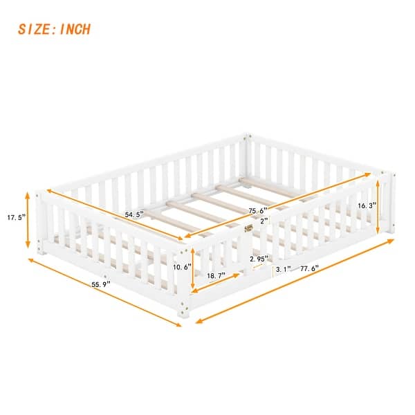 dimension image slide 3 of 5, Twin/Full/Queen Size Floor Bed with Safety Guardrails for Kids, Wood Montessori Bedframe w/ Door, Children's Noiseless Beds
