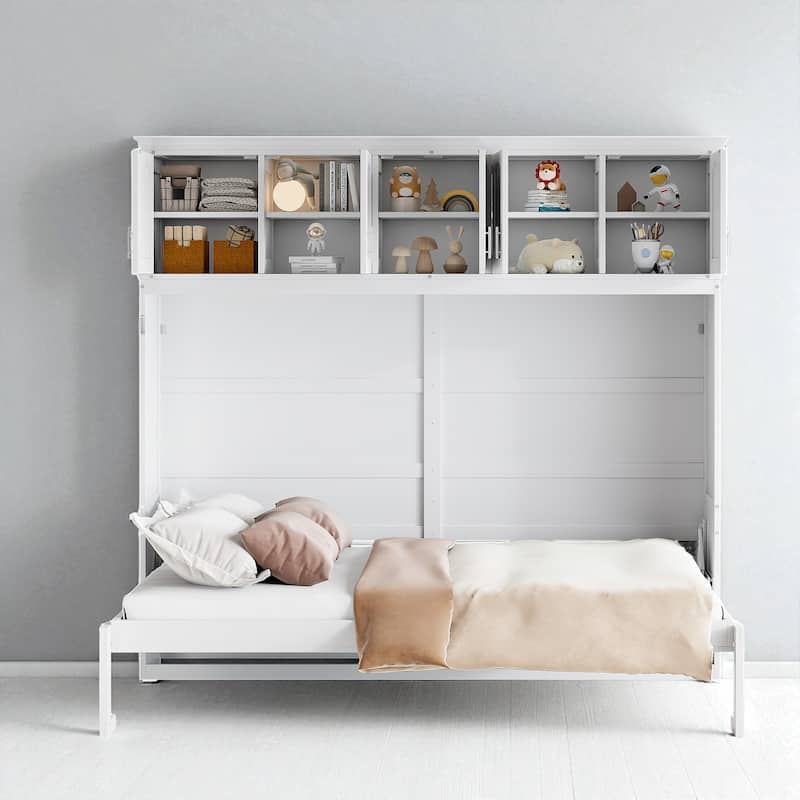Queen Size Murphy Wall Bed with Top Cabinets, Space Saving Cabinet Bed with Storage, No Box Spring Needed