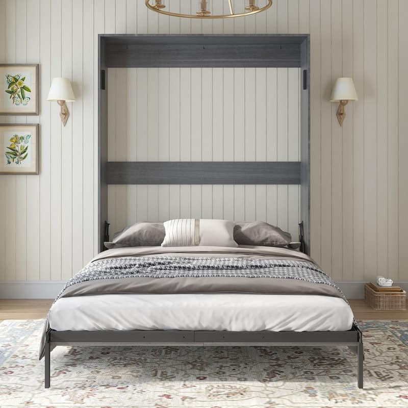 Mixoy Murphy Bed,Folding Wall Bed with 2 Side Cabinet Shelves