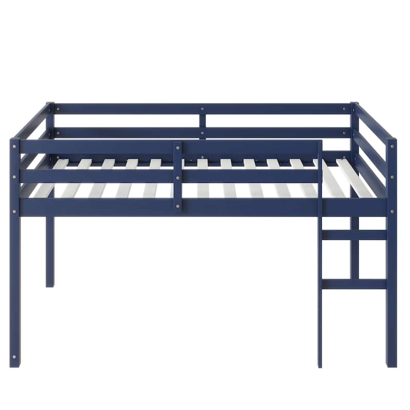 Twin size Rubber Wood Loft Bed with Ladder, 13 Strengthened Slats and Safety Guardrails