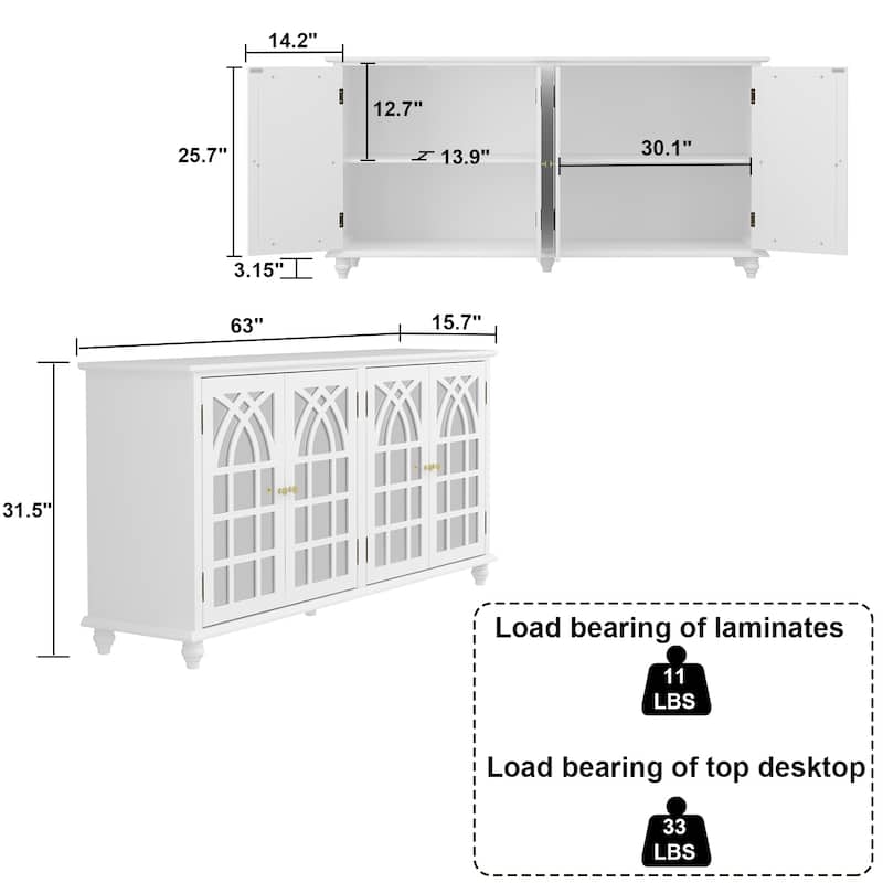 Storage Accent Cabinet Accent Buffet Cabinet Mirror Doors Organizers - 63"Wx31.5"H