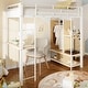 preview thumbnail 1 of 15, White Twin Loft Bed with Desk and Built-in Wardrobe, Metal High Loft Bed with Storage Shelves, Clothes Rail,Built-in Curtains White - Twin