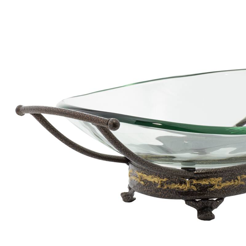 Tempered Glass Kitchen Serving Bowl with Brown Metal Base - Clear - Roche River Decor - 11"Wx17"Lx5"H