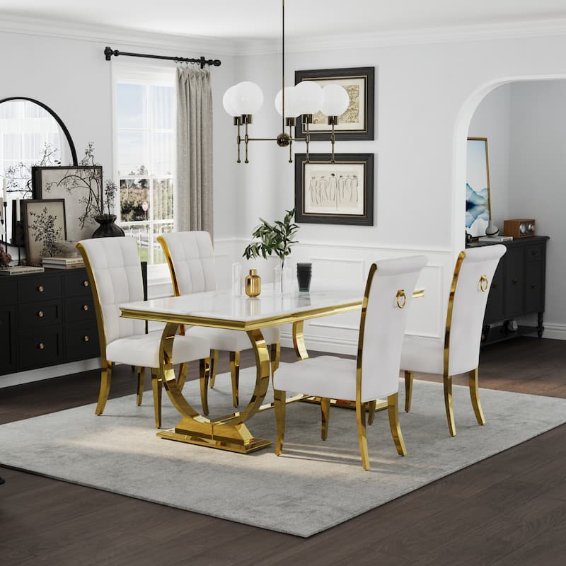 Luxury Dining Table Set with PU Leather Dining Chairs - White - Table with 4 Chairs