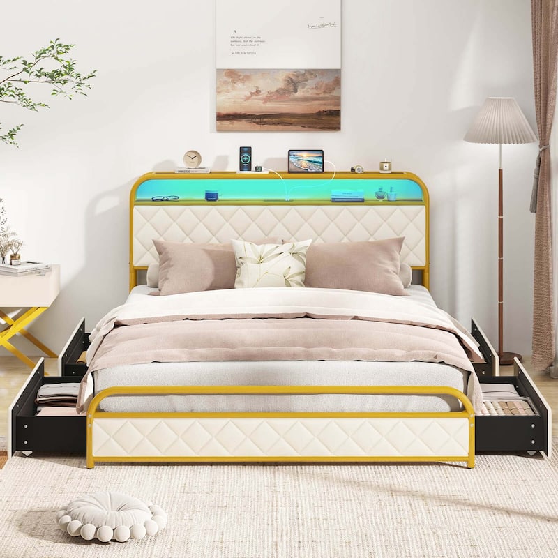 Costway Twin/Full/Queen Size Bed Frame with LED Lights & Charging