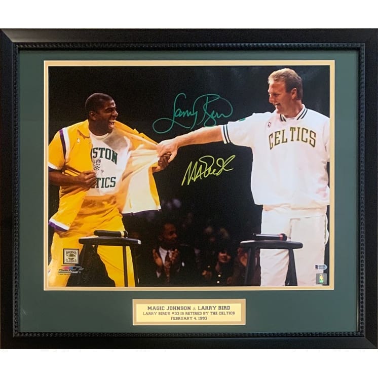 Magic Johnson & Larry Bird Autographed 16x20 Signed Basketball Retirement Framed Photo Beckett COA - 8'6" x 11'6"