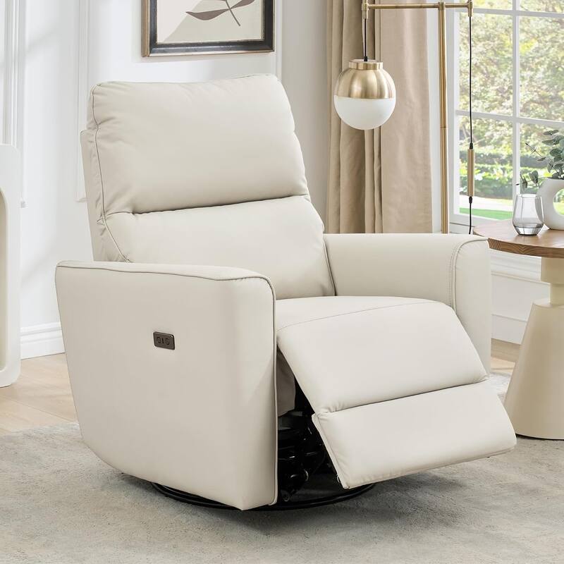 Power Recliner Swivel Chair Rockery Glider PU Leather Nursery Chair with USB Port - Beige