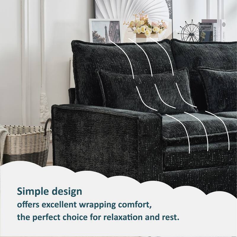 Cloud Chenille L-shaped Sectional Sofa, Deep Seat Couch with Thick Cushions, Movable Ottoman and Waist Pillows for Living Room