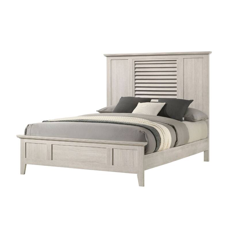Sary Queen Size Bed w Tall Louvered Headboard, Tapered Front Legs, Off White