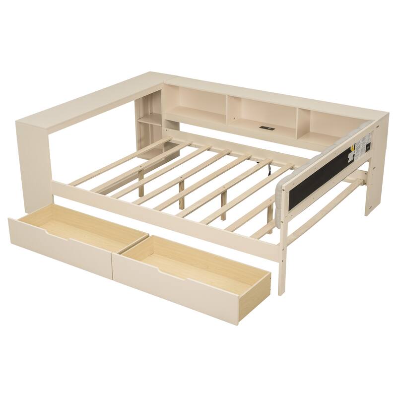 Wooden Platform Bed Multi-Functional Daybed with Desk, Linen Headboard, 2 Drawers, Charging Station and Mulit-Storage Shelves