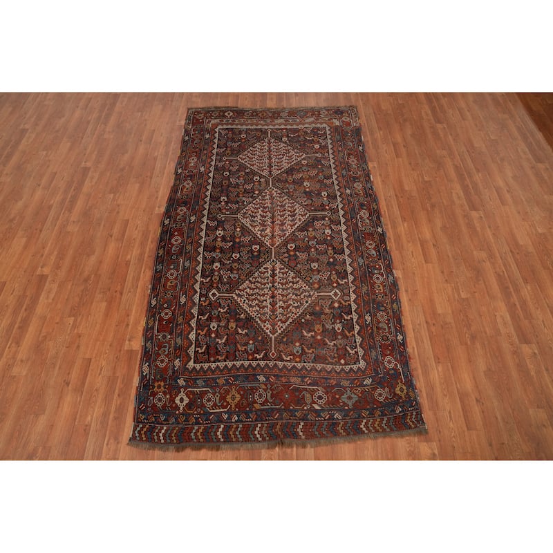 Hand Knotted Oriental 100% Wool Carpet Traditional Tribal Navy Blue & Blues Qashqai Area Rug - 8' 10'' X 4' 10''