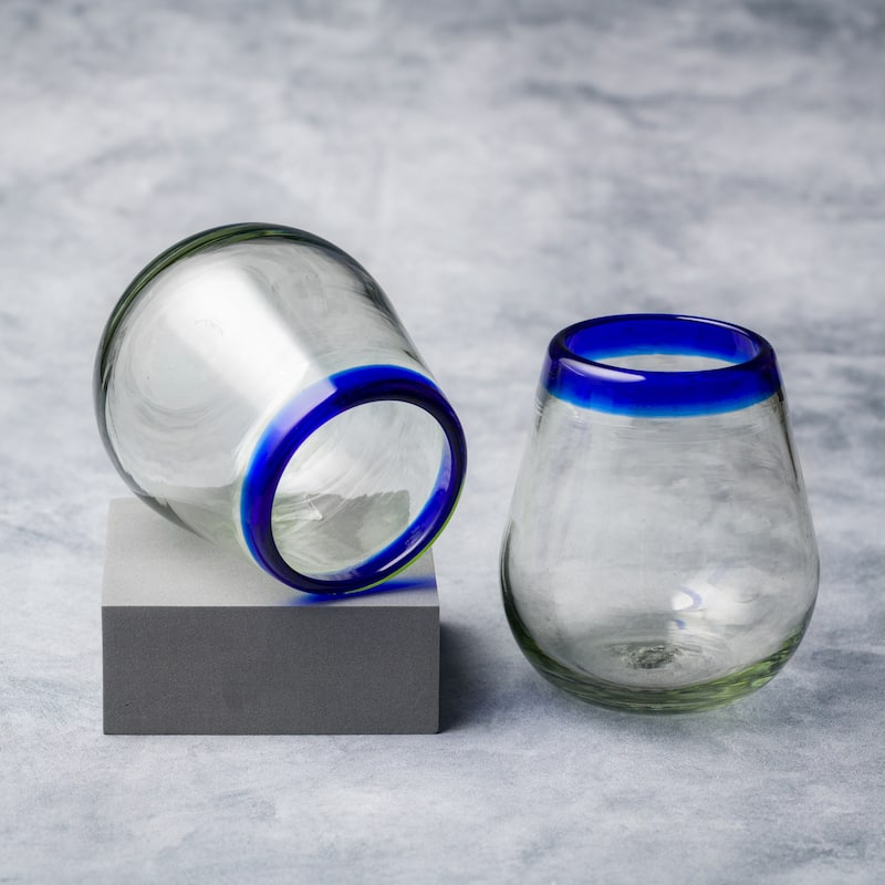 10 Strawberry Street Cobalt Rim Handlown Mexican Glassware, set of 6