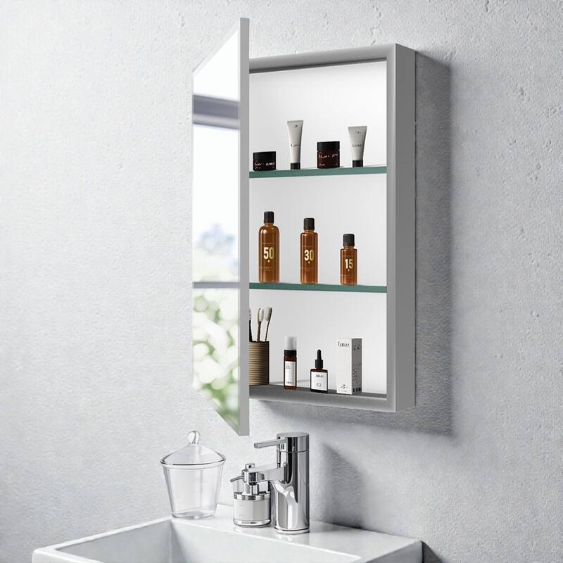 15x26 Inch Aluminum Medicine Cabinet with Mirror, Wall Mounted, Adjustable Glass Shelves, Bathroom Storage