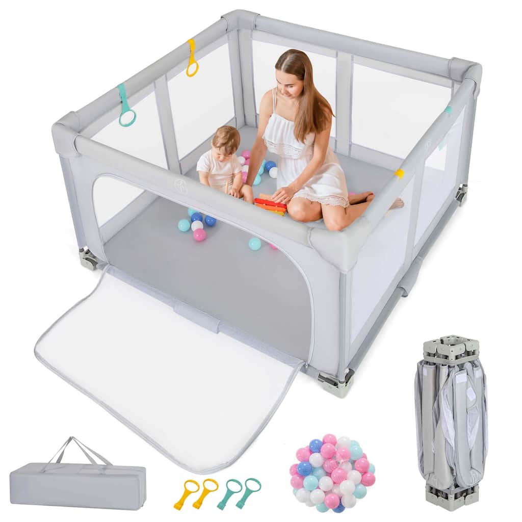 Honeyjoy Large Baby Playpen 50" x 50"/59" x 59" with Zipper Gate 50 - Grey