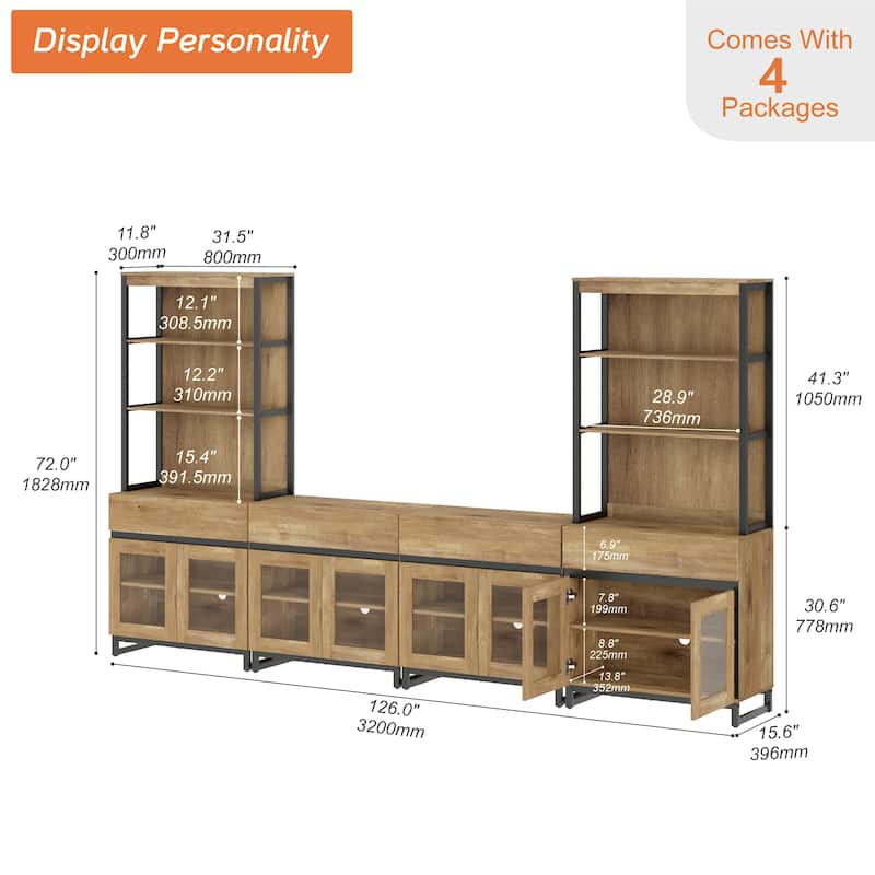 Modern Farmhouse Buffet Cabinet with 3 Tiers and 4 Cabinets, Wooden Sideboard for Dining Room or Kitchen