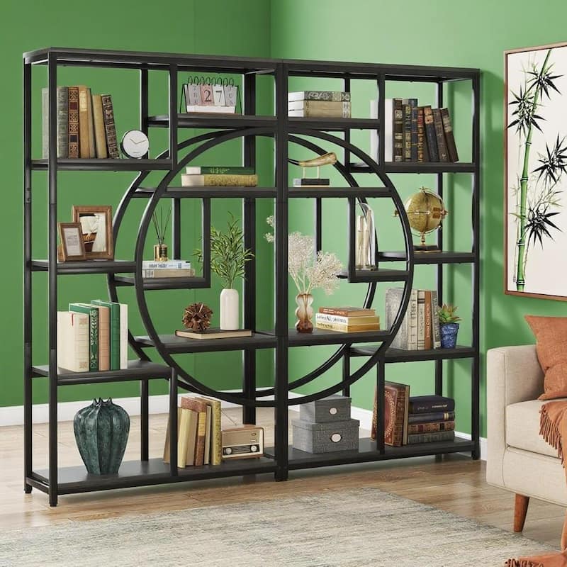 69" Tall Geometric Bookcase with 9 Open Shelves Metal Frame and Marble Laminate Top for Living Room - 37.4”L x 11.81”W x 68.89”H