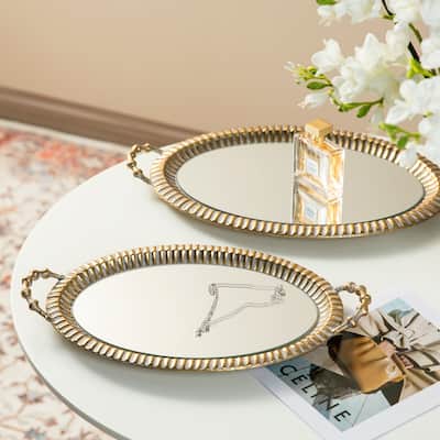 Glitzhome Set of 2 Oval Metal Gold Mirrored Decorative Trays with Handles -12" & 20"L