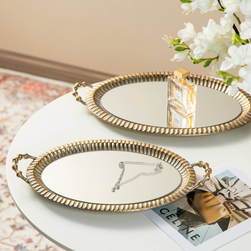 Glitzhome Set of 2 Modern Gold Floral Pattern Mirrored Decorative Trays with Handles - Gold with Handles