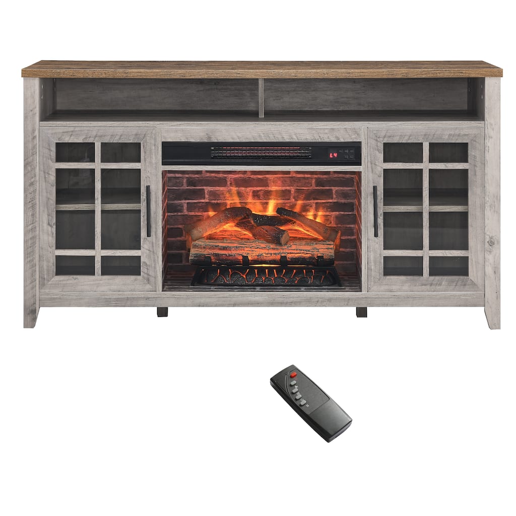 Gray Wash 55" Fireplace TV Stand with Realistic Log Flames, Remote Control, 2 Door for Living Room