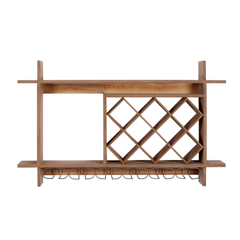 Wood Geometric 8 Bottle Wall Wine Rack with 6 Glass Holder Slots - Brown - Roche River Decor - 8"W x 34"L x 20"H