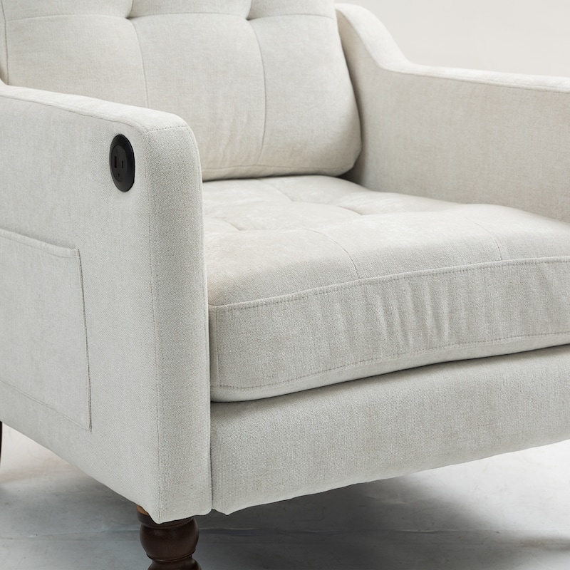 Chenille Accent Chair with USB Port, Ergonomic Upholstered Armchair, Lounge Reading Chair with Side Pocket & Wooden Legs
