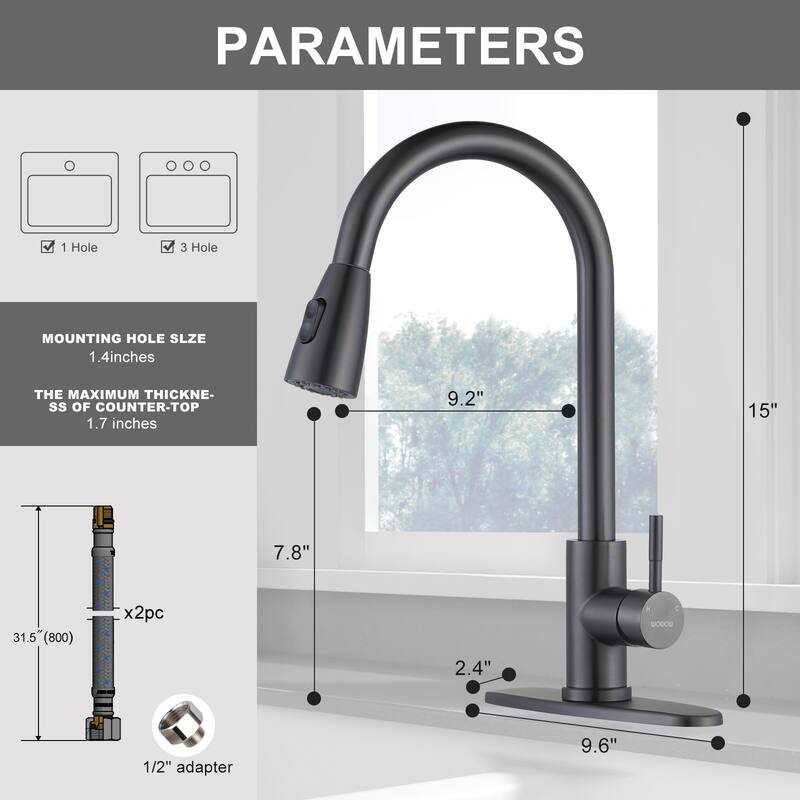 WOWOW 3-Function Pull down Sprayer Kitchen Faucet with Deckplate