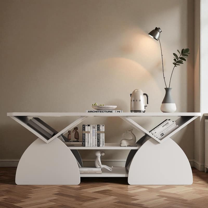 47.2'' Modern Engineered Wood Coffee Table with Open Storage Shelves, Rounded Corners & Sturdy Frame for Living Room