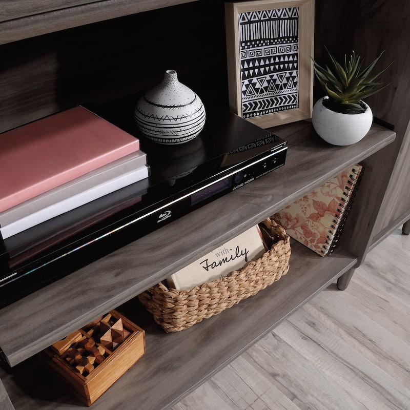 Wood Modern Credenza with 2 Drawers and 2 Open Shelf, Dark Gray - 59.06"W x 18.5"D x 30.39"H