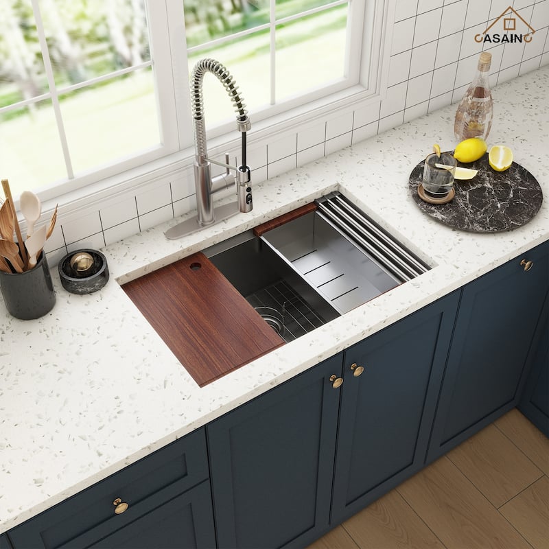 Undermount Single Bowl 16 Gauge Nano Stainless Steel Workstation Kitchen Sink with Pull Down Kitchen Faucet and Accessories