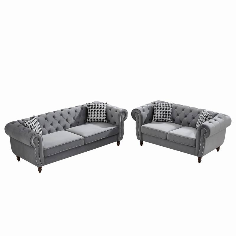 Velvet Chesterfield Sofa Set of 2 with Loveseat and 3 Seater Couch, Deep Seat Tufted Sofas with Nailhead Trim and Rolled Arms