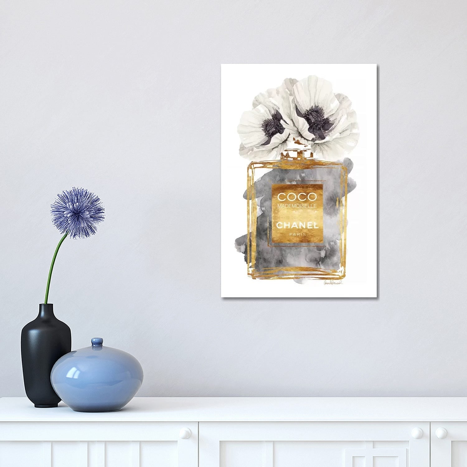 iCanvas 'Perfume Bottle, Dark Gold with Dark Grey & White Poppy' by Amanda  Greenwood Canvas Print - On Sale - Bed Bath & Beyond - 25437318