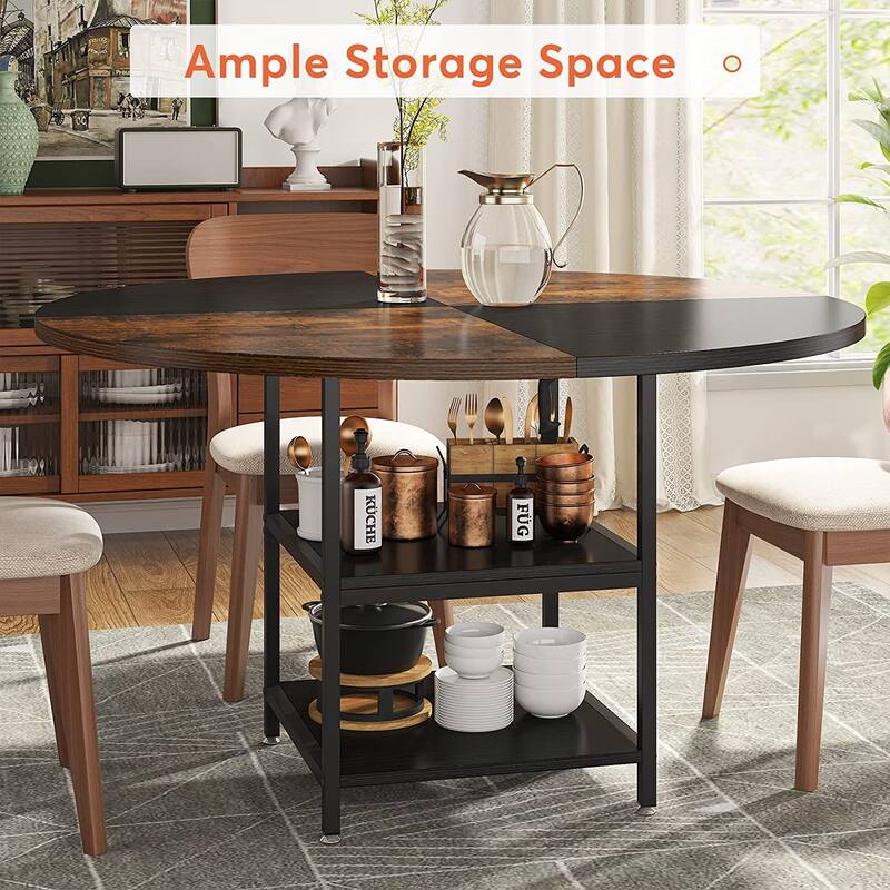 Dining Table with Storage Shelves for 4 People, Rustic Color Contrast Kitchen Table