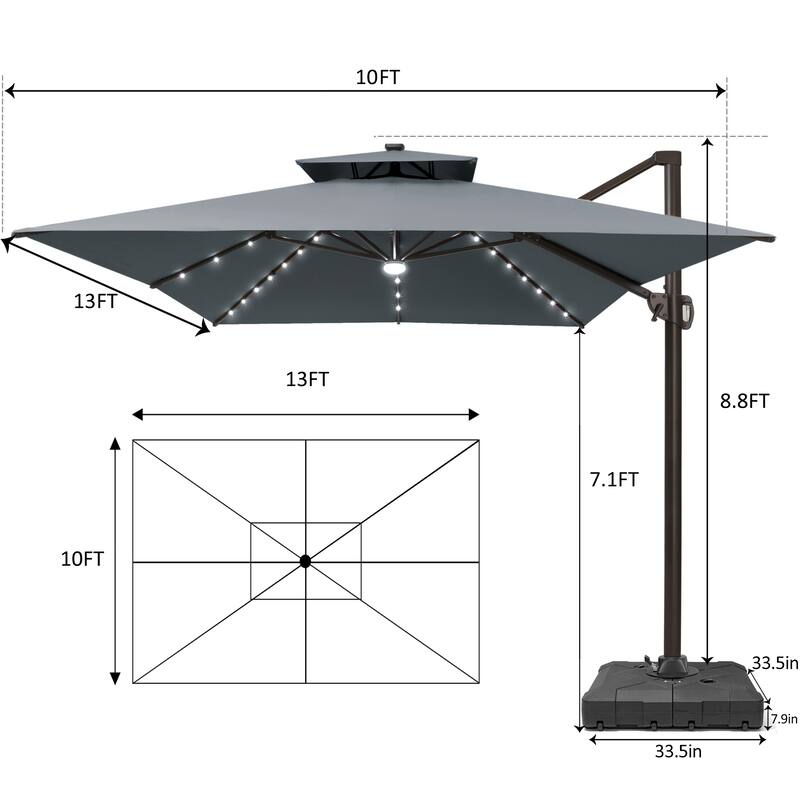 10 X 13 FT Outdoor Patio Cantilever Umbrella with Solar Lights Wheeled Base Double Canopy 360 Rotation Tilt
